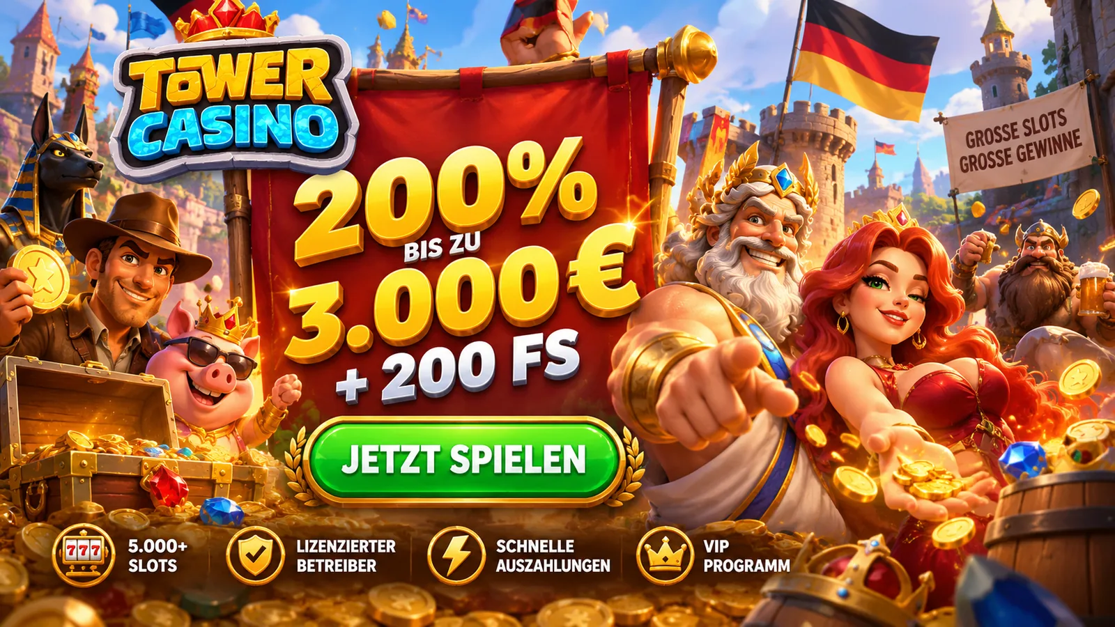 Tower Casino Willkommensbonus: 200 % bis zu 3.000 € und 200 Freispiele